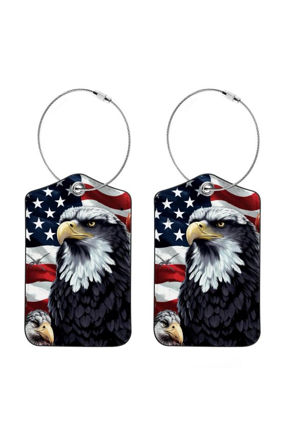 American Flag and Animals Square PU Leather Luggage Tags - 2 Pack with Privacy Cover and Stainless Steel Ring - Suitable for Travel, Backpack, Handbag - Suitcase Tags, Travel Tag