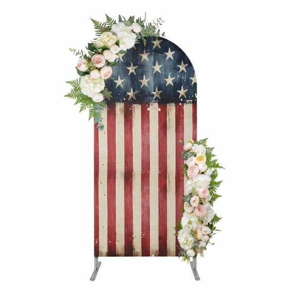 American Flag Arch Backdrop Cover 5FT, Retro Blue Star Red Striped USA Flag Spandex Fitted Stretchy Arch Stand Covers, Round Top Chiara Backdrop Cover for Wedding Party Birthday Baby Shower