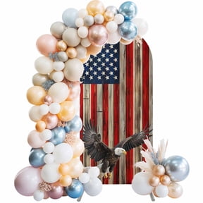 American Flag Arch Backdrop Cover, Spandex Fitted Wedding Arch Cover, Eagle Blue Red USA Flag Retro Round Top Stand Covers for Birthday Ceremony Bridal Shower Party Decor 5x2.1 Ft