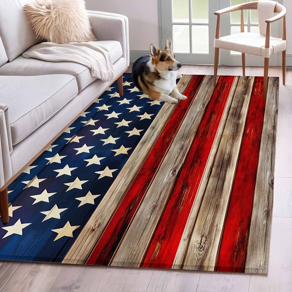 American Flag Area Rug 4x6 Washable Rug Non Slip Vintage USA Flag Wooden Large Area Rug Indoor Floor Carpet for Entryway Bedroom Kitchen Living Room Home Office Dining Room Nursery