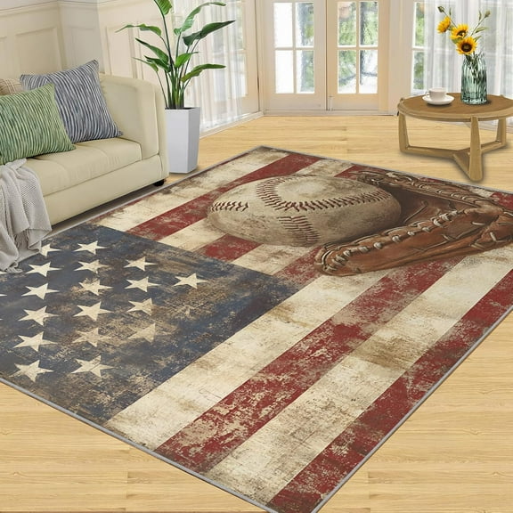 American Flag Area Rug, Baseball Design - Non-Slip Washable Rugs for Living Room, American Sports Floor Mat for Study Room - Vintage Decor 5x7ft