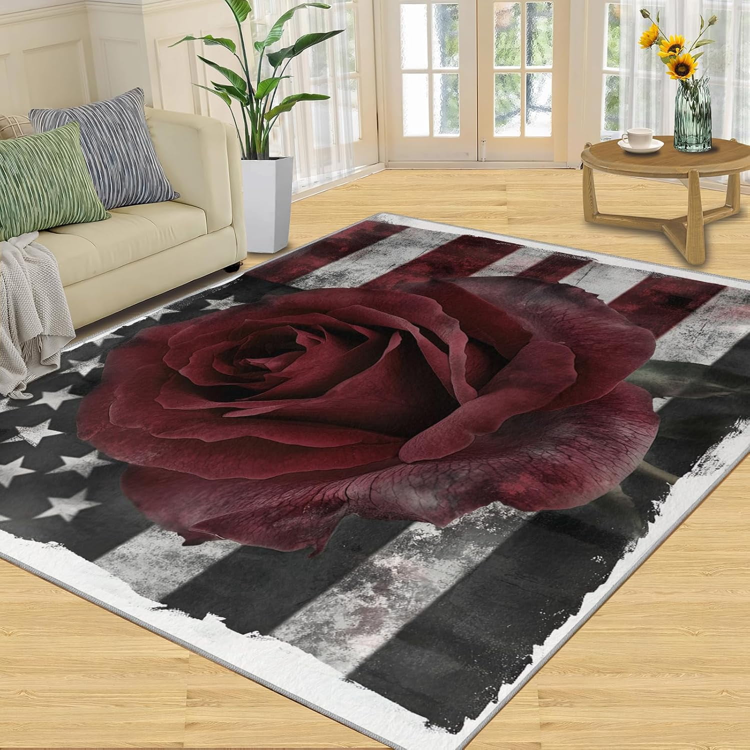 Flag Rugs American Flag Area Rug, Red Rose Design - Non-Slip Washable Rugs for ...