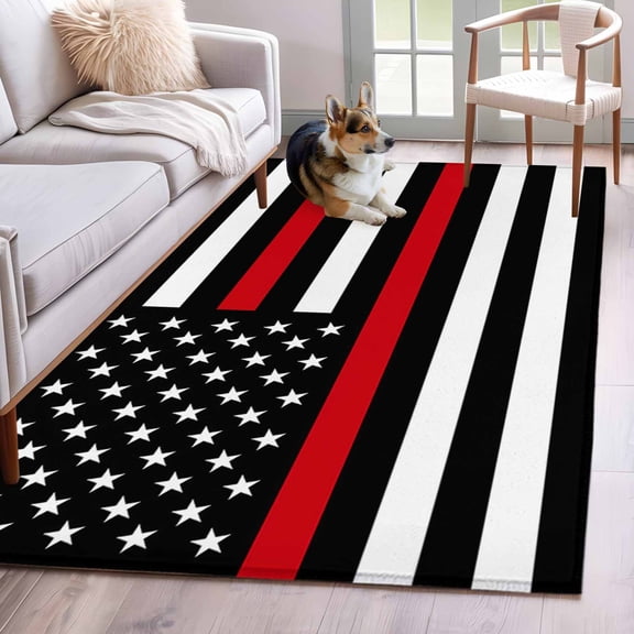 American Flag Area Rugs 4x6 ft Retro USA Flag Red Line Black White Striped Washable Rug Non Slip Indoor Carpet Absorbent Floor Mat for Living Room Bedroom Dining Room