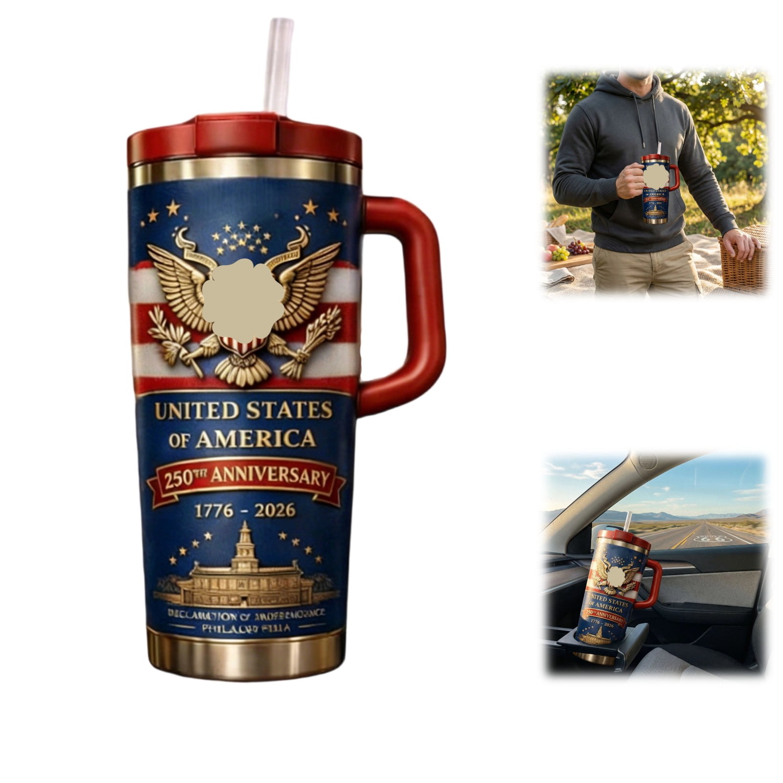 American Flag Art Pattern 40 oz Tumbler with Handle and Straw Lid ...