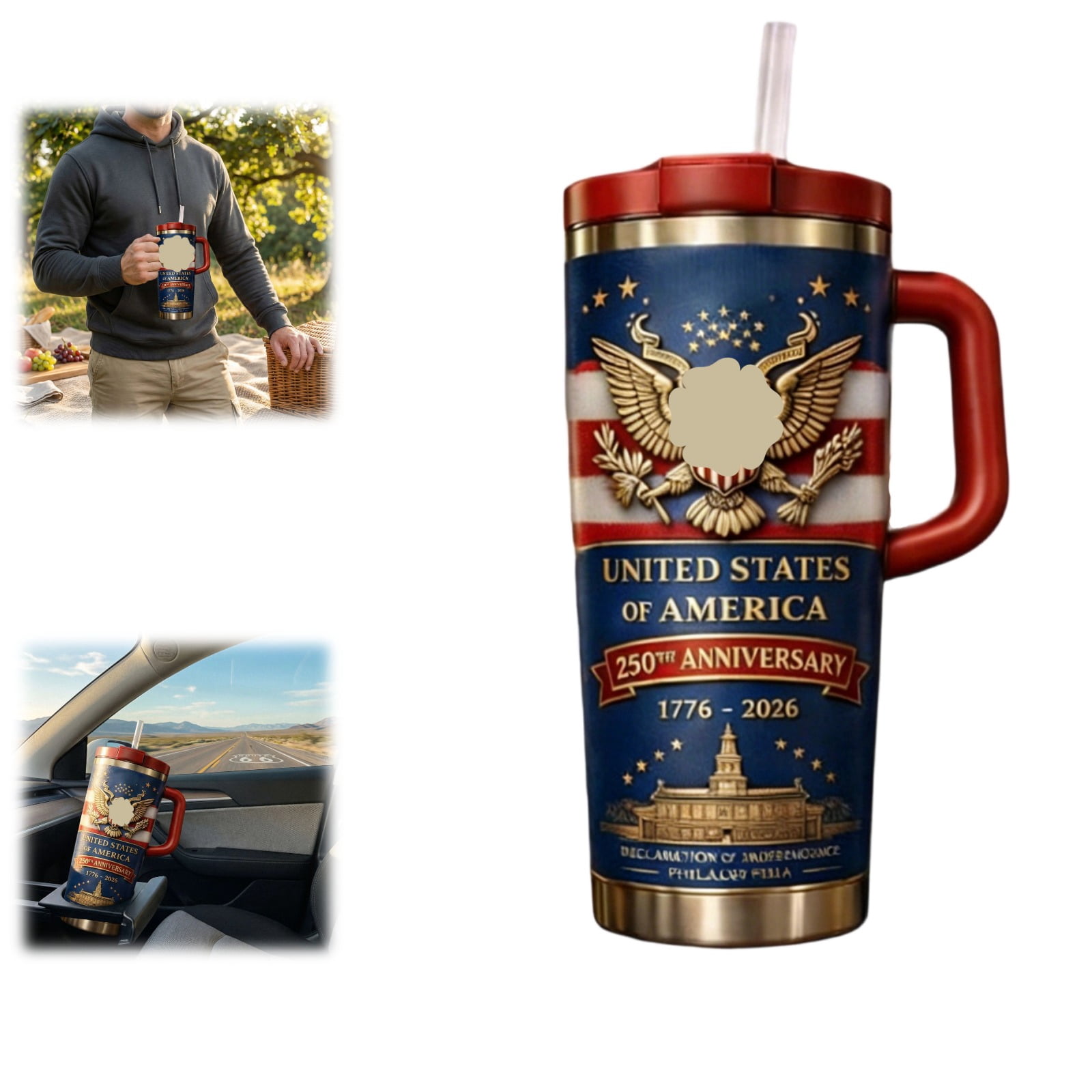 American Flag Art Pattern 40 oz Tumbler with Handle and Straw Lid ...