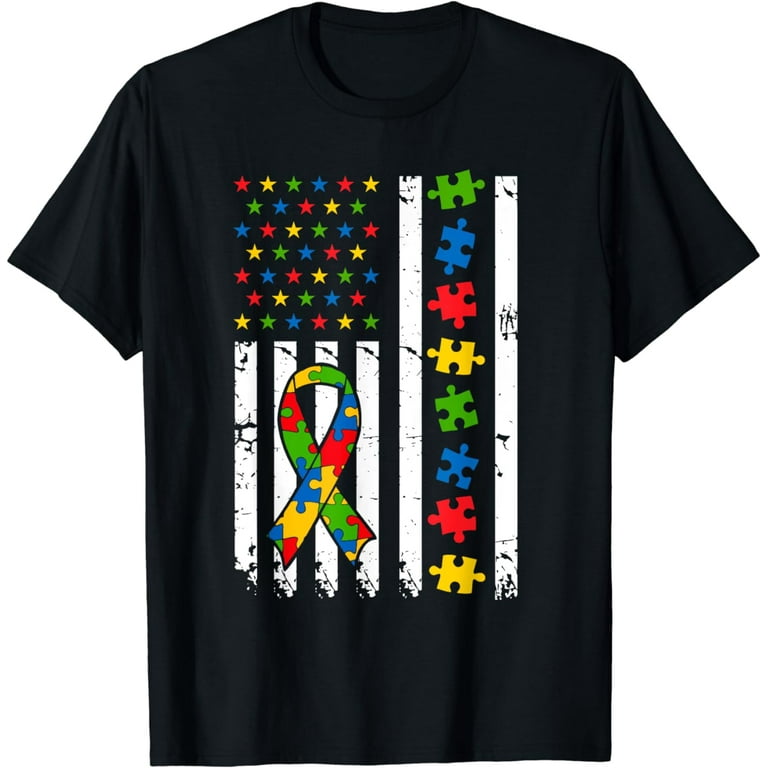 Autism American Flag Distressed T-Shirt For Autism Awareness Autism American Flag Distressed T-Shirt For Autism Awareness