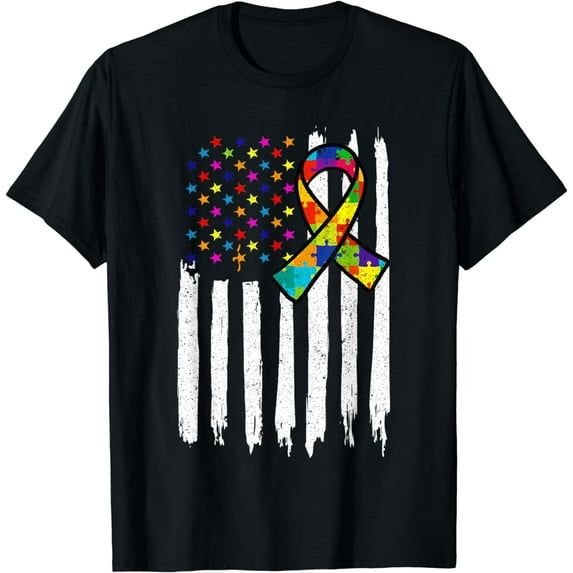 American Flag Autism Shirt Autism Ribbon Autistic American T-Shirt
