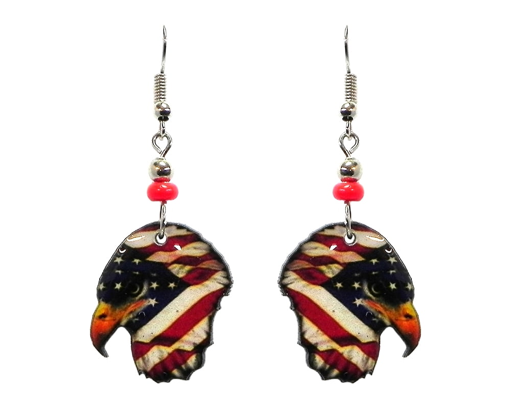 American Flag Bald Eagle Animal Graphic Dangle Earrings Womens Fashion Handmade Jewelry USA