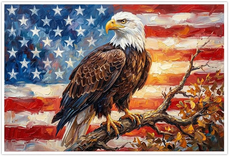 American Flag Bald Eagle Canvas Wall Art Patriotic Oil Painting Style ...