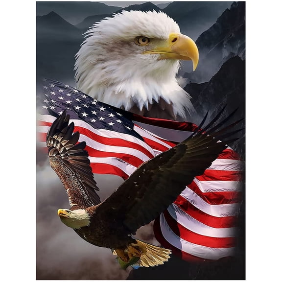 American Flag Bald Eagle Diamond Painting Kit for Adults, DIY 5D Full Drill Round Diamond Art Kits for Home Wall Decor Gift