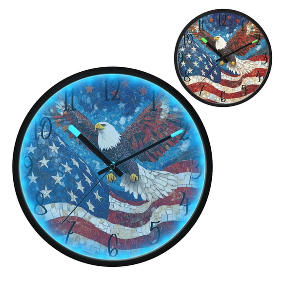 American Flag Bald Eagle Luminous Wall Clock with Sound-Activated LED 12-Inch Silent Acrylic Timepiece for Bedroom Livingroom or Office