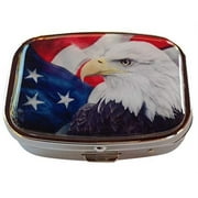 American Flag Bald Eagle Patriotic Silver Two Section Rectangular Pocket/Purse/Travel Pill Box