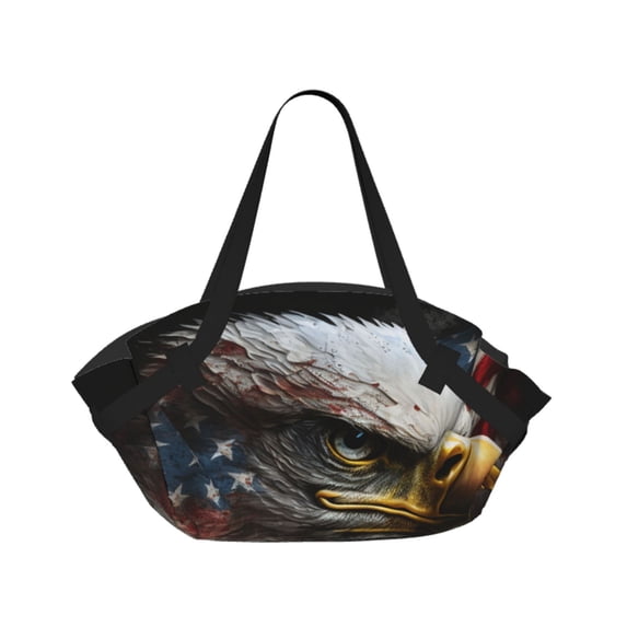 American Flag Bald Eagle USA 2-in-1 Foldable Picnic Blanket Tote Bag Shoulder Handbag, Large Circular Outdoor Mat for Beach Camping Park