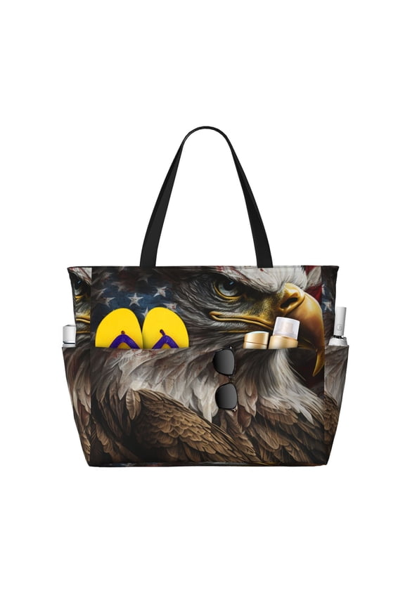 American Flag Bald Eagle USA Large Capacity Beach Travel Tote Bag Shoulder Handbag for Gym Camping Shopping