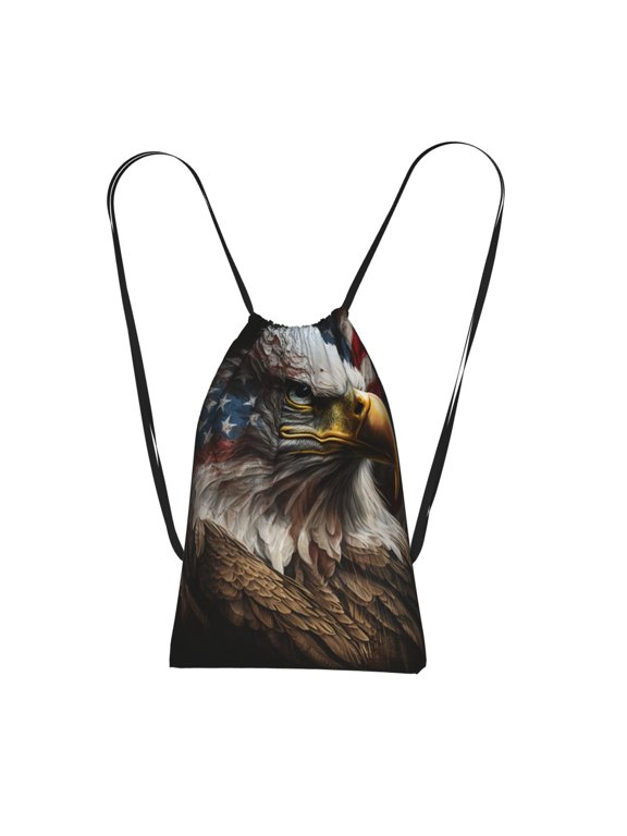 American Flag Bald Eagle USA Packable Drawstring Backpack, Lightweight Foldable Cinch Storage Bag for Gym Travel Shopping