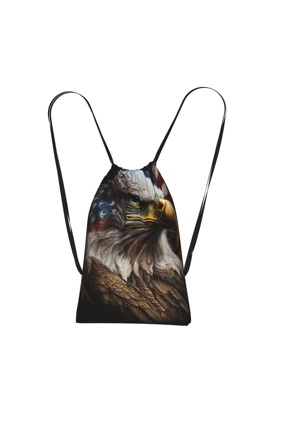 American Flag Bald Eagle USA Packable Drawstring Backpack, Lightweight Foldable Cinch Storage Bag for Gym Travel Shopping