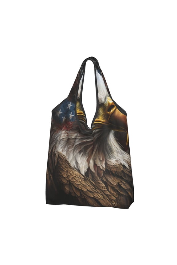 American Flag Bald Eagle USA Reusable Grocery Bags Shopping Totes Foldable Washable Pouch Handbag Storage Bag
