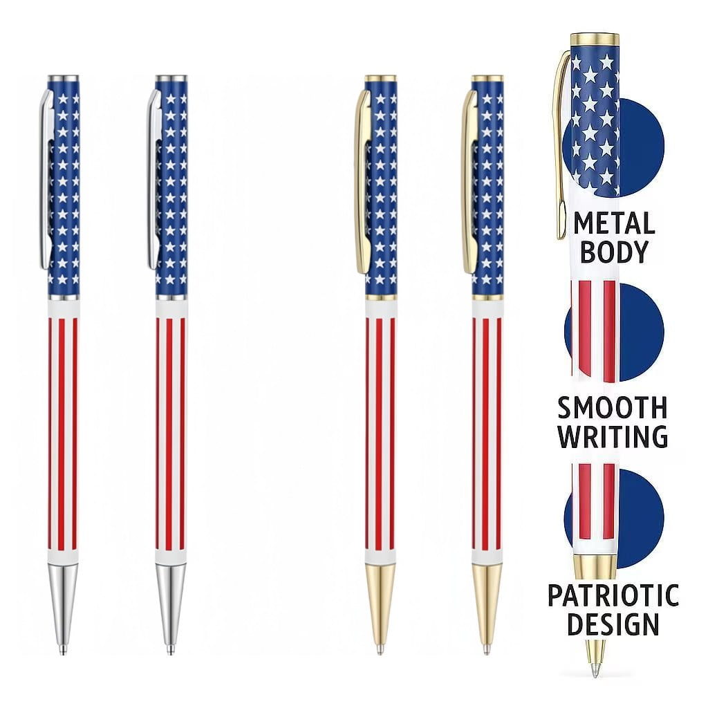 Gleaming life Flag Ballpoint Pens, 0.5mm Tip, Smooth Writing, Quick-Drying Ink, Replaceable Refills, Metal Barrel, 4-Count
