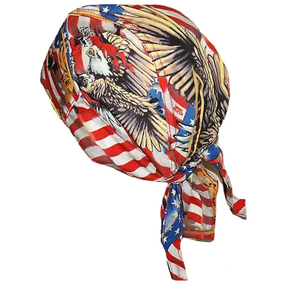 American Flag Bandana Dorag Bald Eagle Skull Cap with Sweatband, Patriotic Morotcycle Biker Hat, Cotton Headwrap One Size