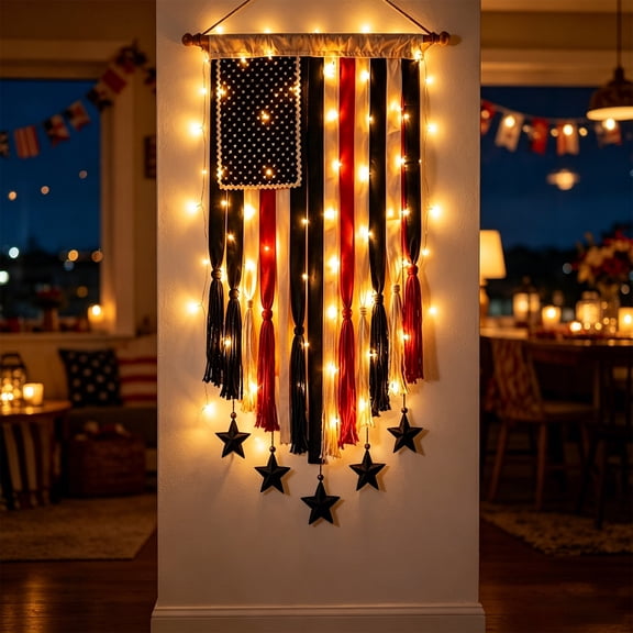American Flag Banner, American Flag For Outside, Independence Day Flag Banners Hanging Ornament With Lights For Fireplace, 50x27 In