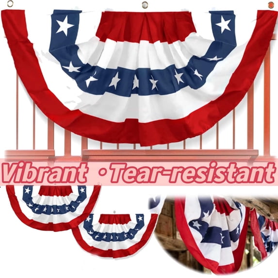 American Flag Banner, Pleated Fan Flag with Red White Blue Star Panels, Patriotic USA Bunting Half Circle Flags for Porch Railing Fence Home, Independence Day 4th of July Outdoor Decor