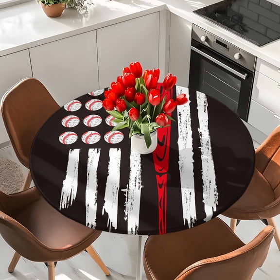 American Flag Baseball Round Fitted Tablecloth with Elastic Edge,Waterproof Table Cloth Fits Tables Up to 36"-44",Wipeable Table Cover for Indoor Outdoor Dinning Party,Patriot Black and White Red