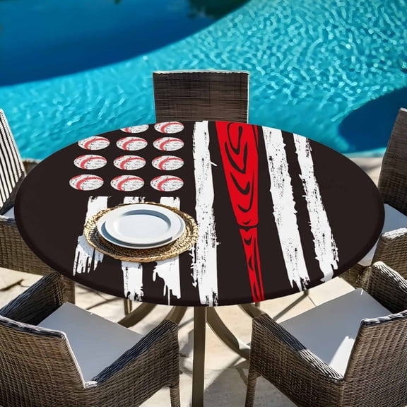 American Flag Baseball Round Fitted Tablecloth with Elastic Edge,Waterproof Table Cloth Fits Tables Up to 45"-54",Wipeable Table Cover for Indoor Outdoor Dinning Party,Patriot Black and White Red
