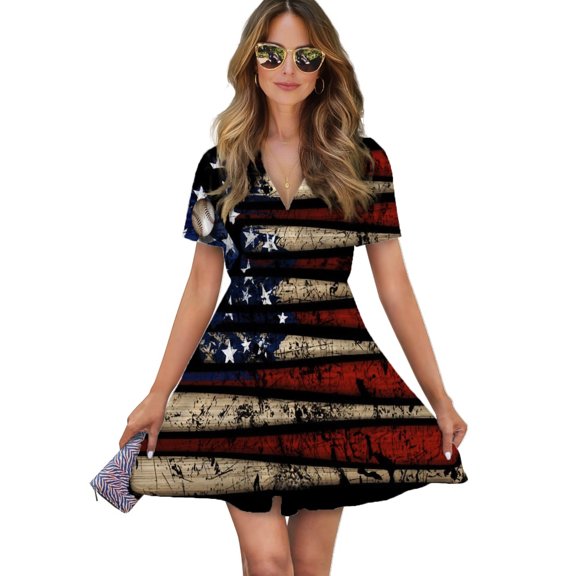 American Flag Baseball Women Dress V-Neck Short Sleeve Flowy Swing Party Midi Dress