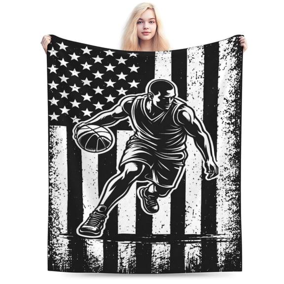 American Flag Basketball Player Throw Blanket, Black and White Sports Art Fleece Blanket, Soft Warm Decorative Blanket for Sofa Bed Couch, Adult Home Decor 50x40