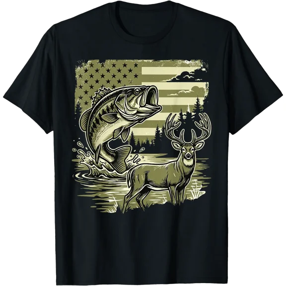 American Flag Bass Fishing and Hunting Youth Boys Outdoor T-Shirt, Birthday Gift