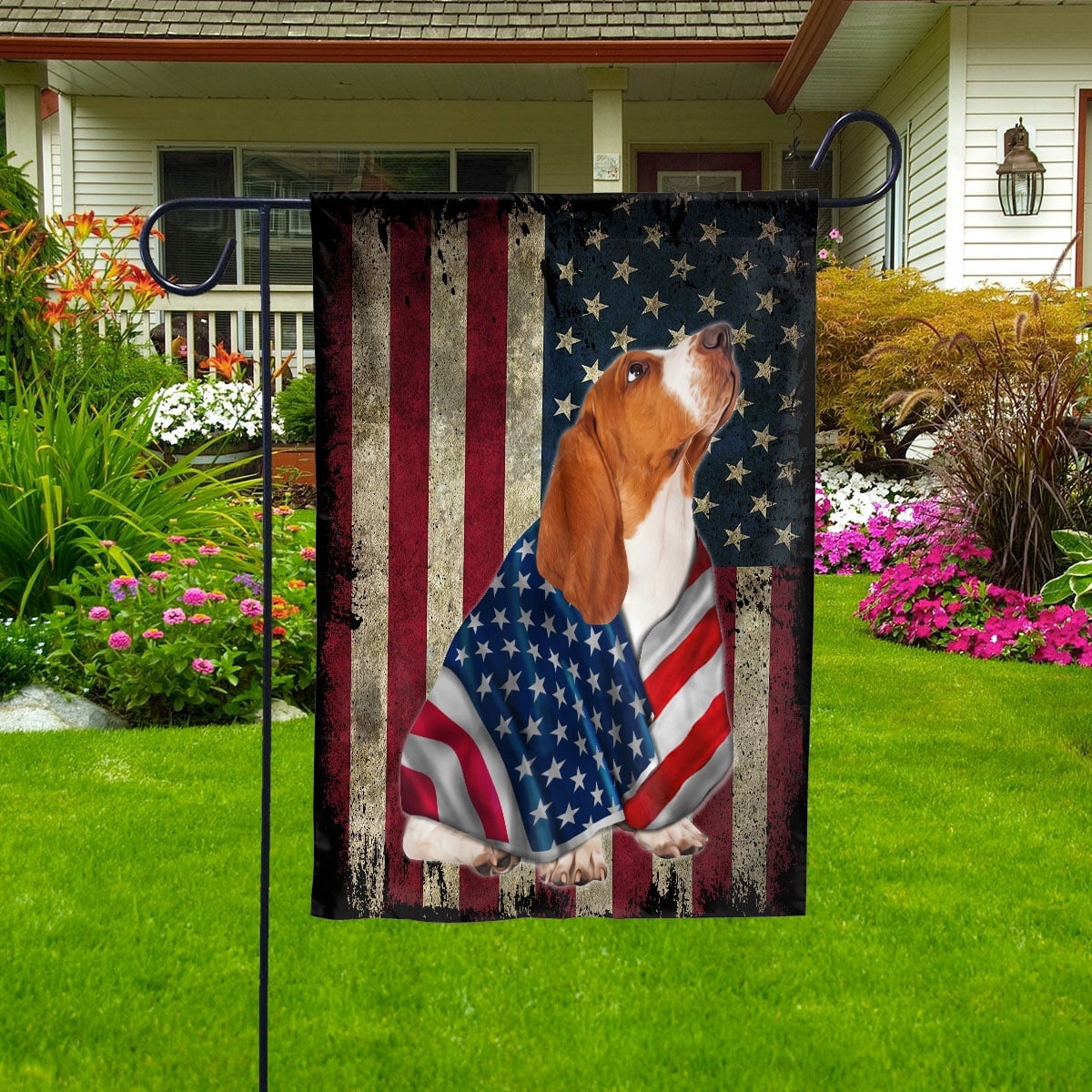 American Flag Basset Hound Dog Wearing Flag American Patriot Patriotic 4th of july Garden Flag, Double-Sided Decorative Outdoor Flag, Polyester Yard Flag 12 x 18 in