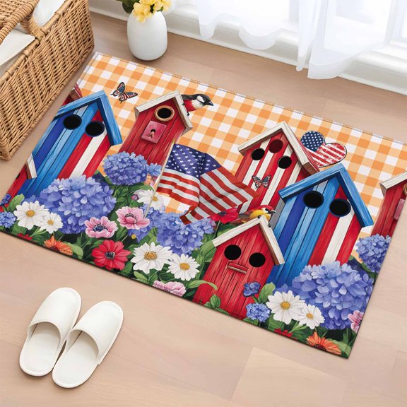 American Flag Bathroom Rug Washable 2x3 Entryway Rug Non Slip Floral Birds House Orange Plaid Front Door Mat Low Pile Indoor Doormat Throw Floor Carpet for Kitchen Bedroom Entrance