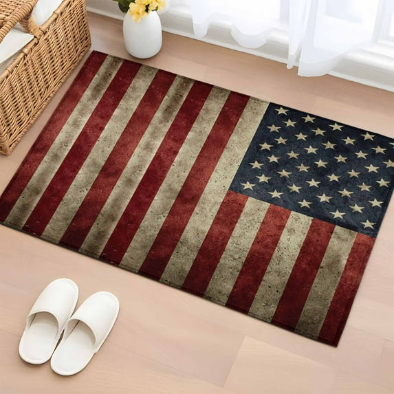 American Flag Bathroom Rug Washable 2x3 Entryway Rug Non Slip Vintage Shabby US Star Striped Flags Front Door Mat Low Pile Indoor Doormat Throw Floor Carpet for Kitchen Bedroom Entrance