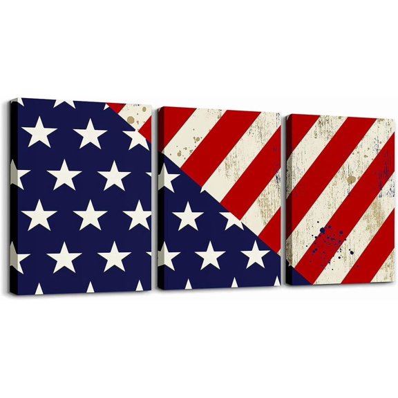 American Flag Bathroom Wall Art for Home Decor July Star Stripes Picture Wall Decor Toddler Patriotic Canvas Wall Art for Living Room Bedroom Memorial Day Wall Painting 12" x 16" 3 Piece