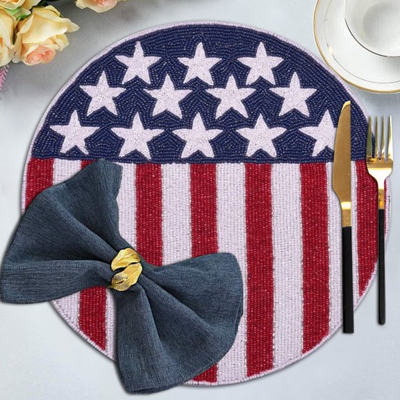 American Flag Beaded Placemats 14" Round Set of 8 Pcs Blue Multi 4th July Silver Gold Placemats Heat Resistant Scratchproof Easy to Care Blue/ Multi 4th July Sequin Table Mats