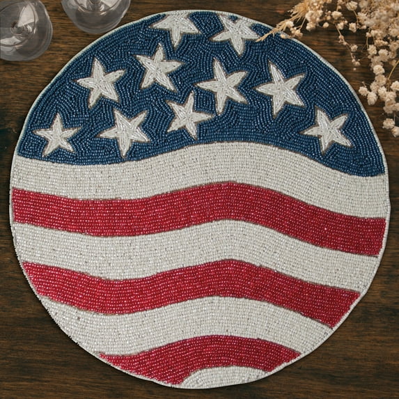American Flag Beaded Placemats Set of 4 - 4th of July Patriotic Freedom Stars Independence and Memorial Day Heat Stain Resistant Table Place Mats for Kitchen Dining Table Home Decor - 14 Inches