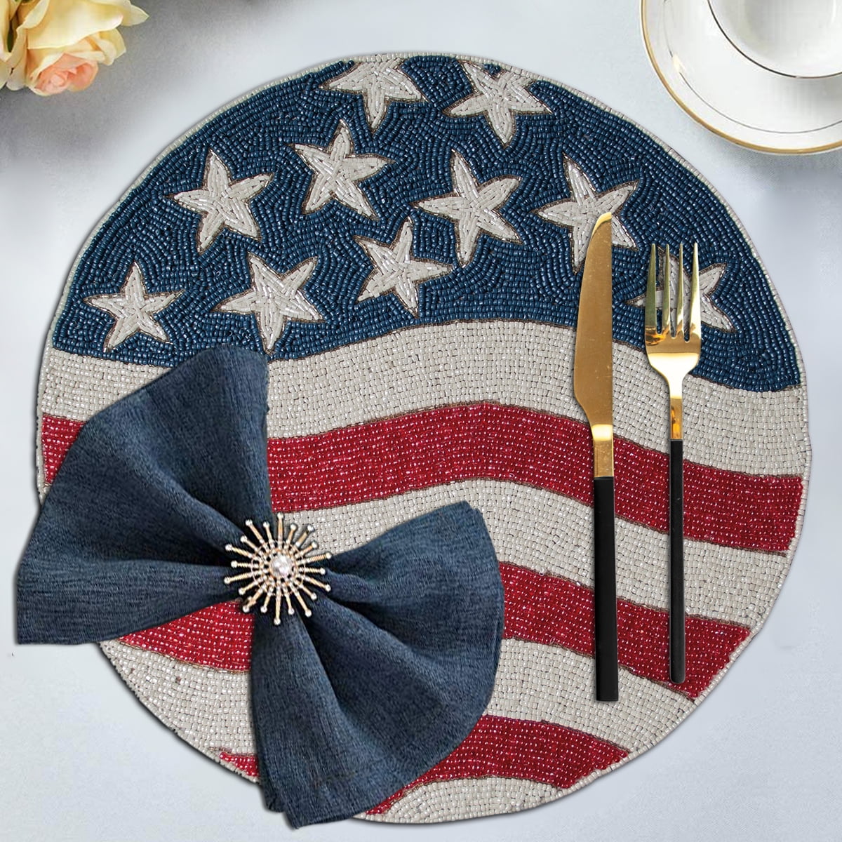 American Flag Beaded Placemats Set of 6 - 4th of July Patriotic Freedom Stars Independence and Memorial Day Heat Stain Resistant Table Place Mats for Kitchen Dining Table Home Decor - 14 Inches