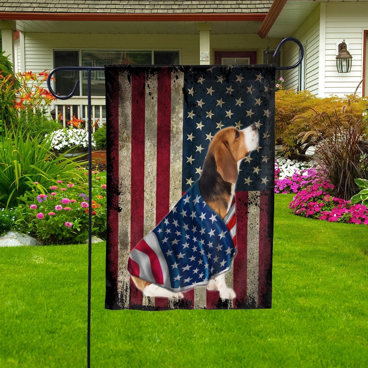 American Flag with Beagle Dog stand under the cross Patriot Patriotic 4th of july House Flag, Double-Sided Decorative Outdoor Flag, Patriotic Polyester Yard Flag 29.5 x 39.5 in