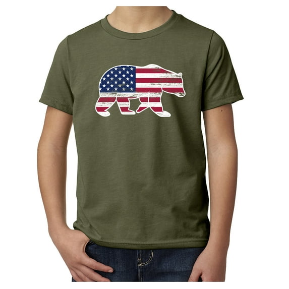 American Flag Bear, Kids 4th of July Shirts, Youth Graphic Tees - Olive MH200YPATRIOT S1 L