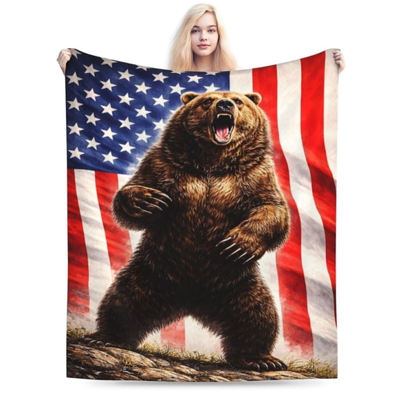 American Flag Bear Throw Blanket, Patriotic Grizzly Bear Fleece Blanket for Home Decor, Rustic Cabin Wildlife Throw 50x40