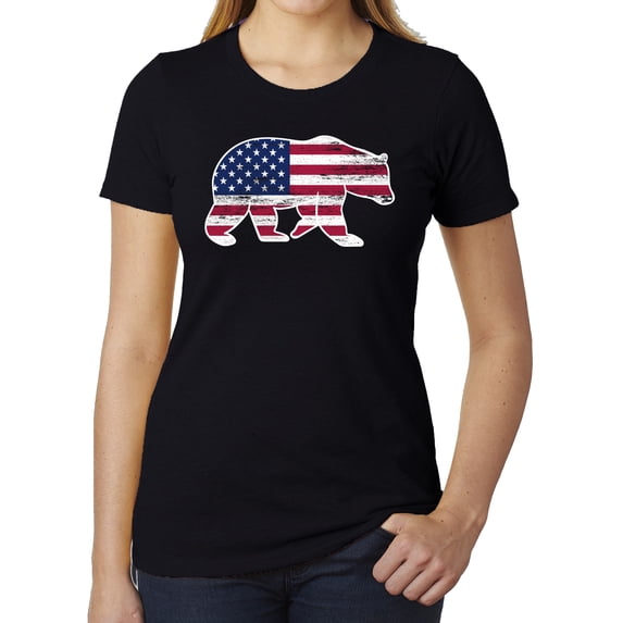 American Flag Bear Women's 4th of July T-shirts, Graphic Tees for Ladies - Black MH200WPATRIOT S1 2XL