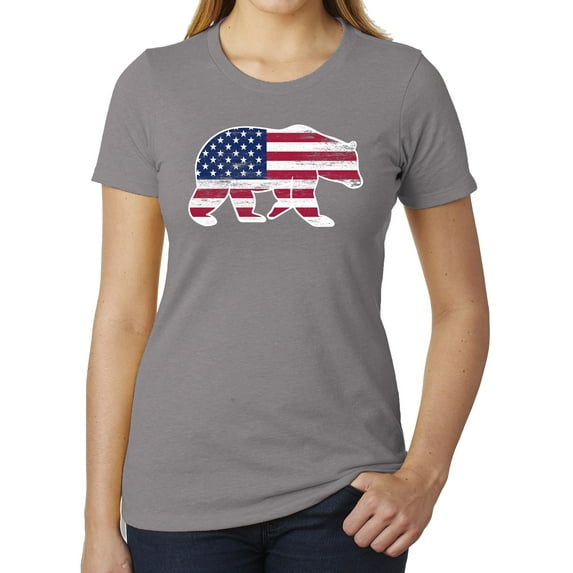 American Flag Bear Women's 4th of July T-shirts, Graphic Tees for Ladies - Heather Grey MH200WPATRIOT S1 3XL