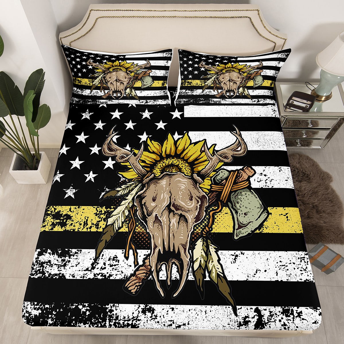 American Flag Bed Set Deer Antlers Sunflower Print Sheets Full for Boys