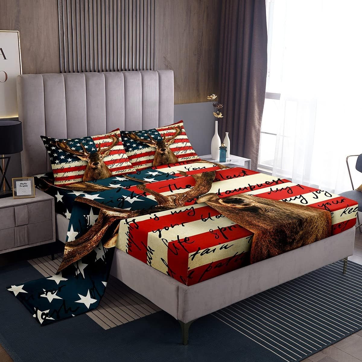 American Flag Bed Sheet for Kids Boys Girls,Vintage Deer Elk Wild