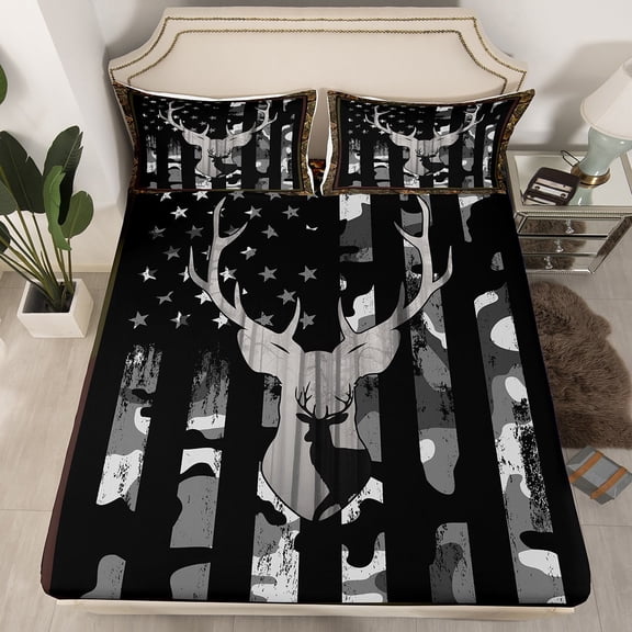 American Flag Bed Sheets Hunting Deer Theme Fitted Sheet Queen, Rustic Farmhouse Wooden Plank Decor Bedding Set Camo Black USA Flag Geometry Stripes Sheets with 2 Pillowcases