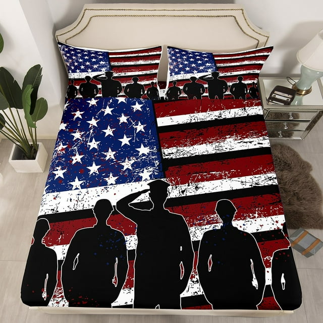 American Flag Bed Sheets Soldier Silhouettes Bedding Set for Veteran'S