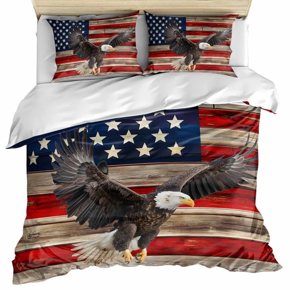 American Flag Bedding 3 Piece Duvet Cover Set California King, Eagle Blue Red USA Flag Retro Soft Microfiber Comforter Cover with Zipper Closure & Pillowcases, Wrinkle & FadeResistant Quilt Cover