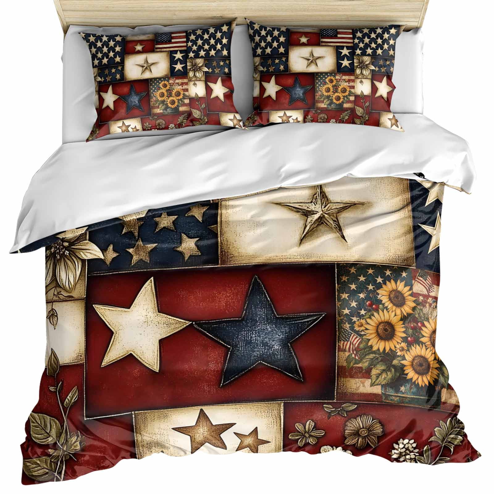 American Flag Bedding 3 Piece Duvet Cover Set California King, Texas Star Farmhouse Sunflowers Blue Red Soft Microfiber Comforter Cover with Zipper Closure & Pillowcases, FadeResistant Quilt Cover