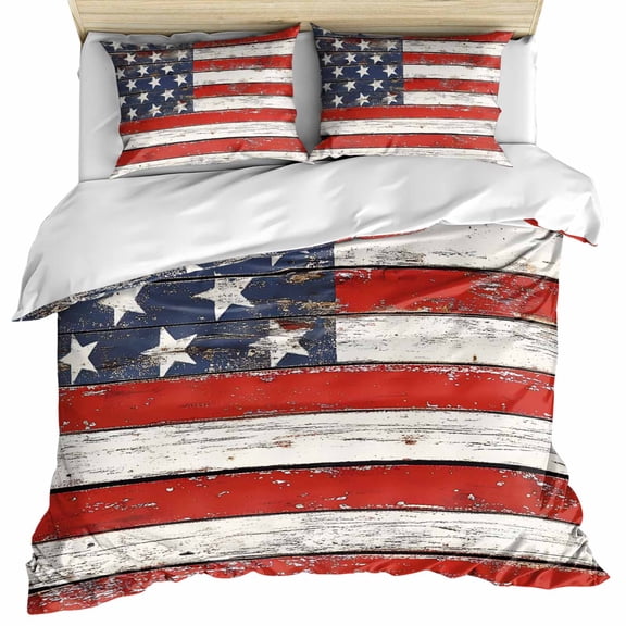 American Flag Bedding 3 Piece Duvet Cover Set Full Size, Red Blue Star Stripes Rustic Farmhouse Wood Soft Microfiber Comforter Cover with Zipper Closure & Pillowcases, FadeResistant Quilt Cover