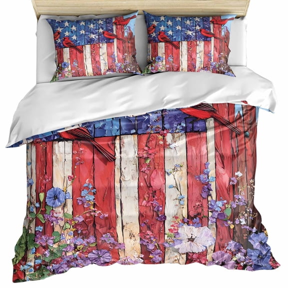 American Flag Bedding 3 Piece Duvet Cover Set Twin Size, Red Blue Star Stripe Patriotic Floral Bird Soft Microfiber Comforter Cover with Zipper Closure & Pillowcases, FadeResistant Quilt Cover